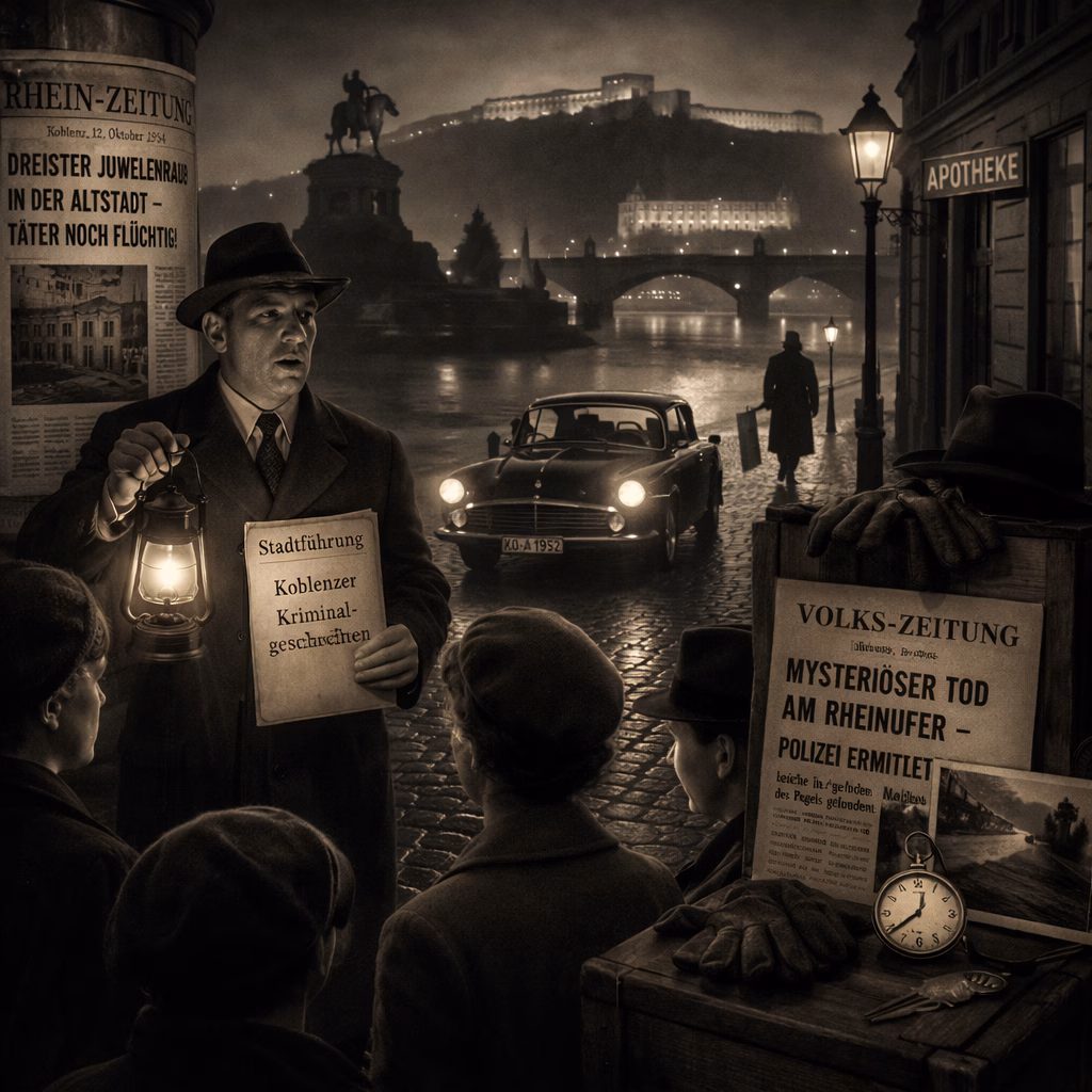 Illustration zur 50er-Jahre-Krimi-Tour in Koblenz – Zeitreise in die Nachkriegszeit mit wahren Kriminalfällen.